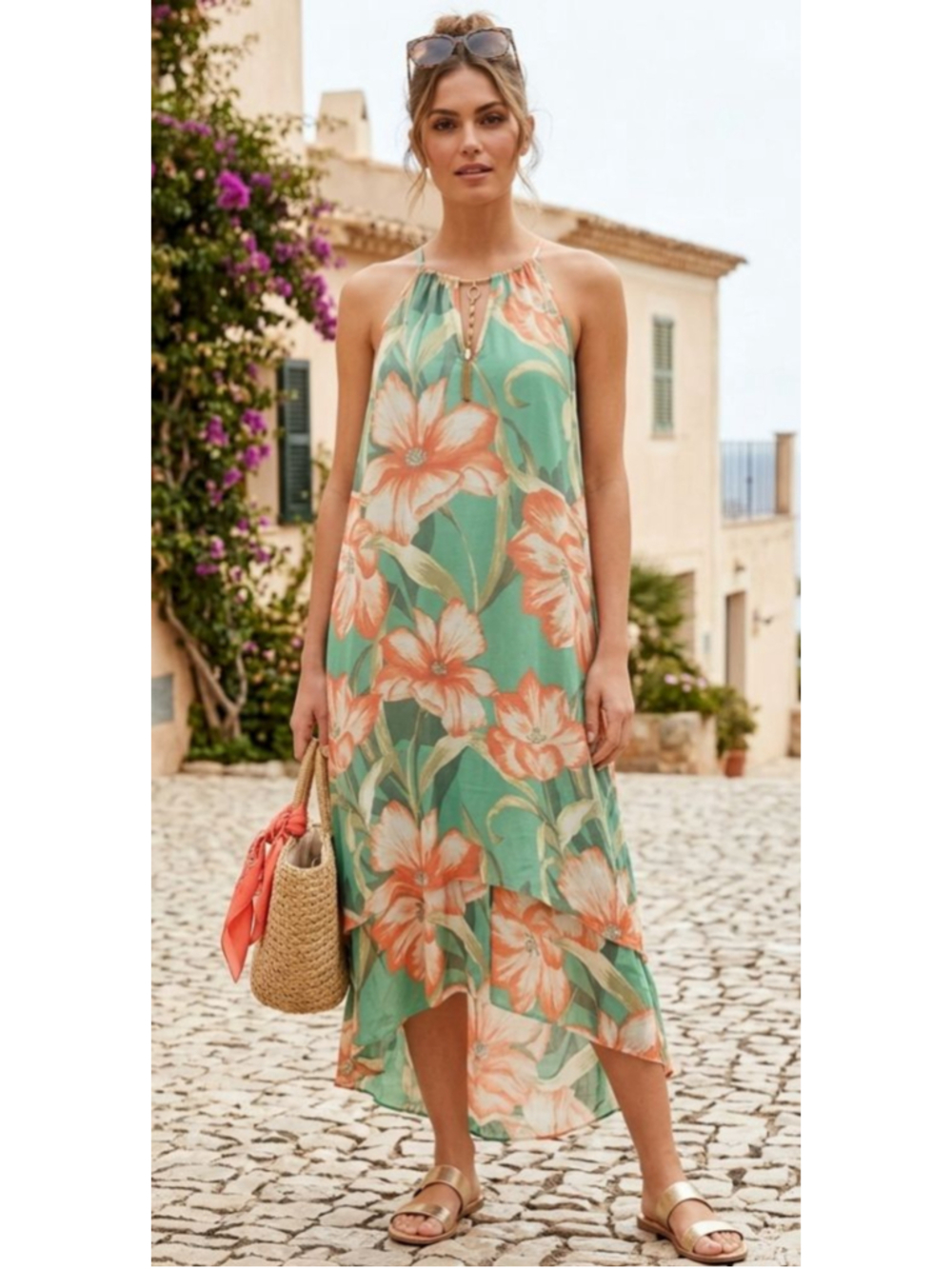 Mlle Gabrielle Floral Halter Maxi Dress Green Orange Boho Flowing M